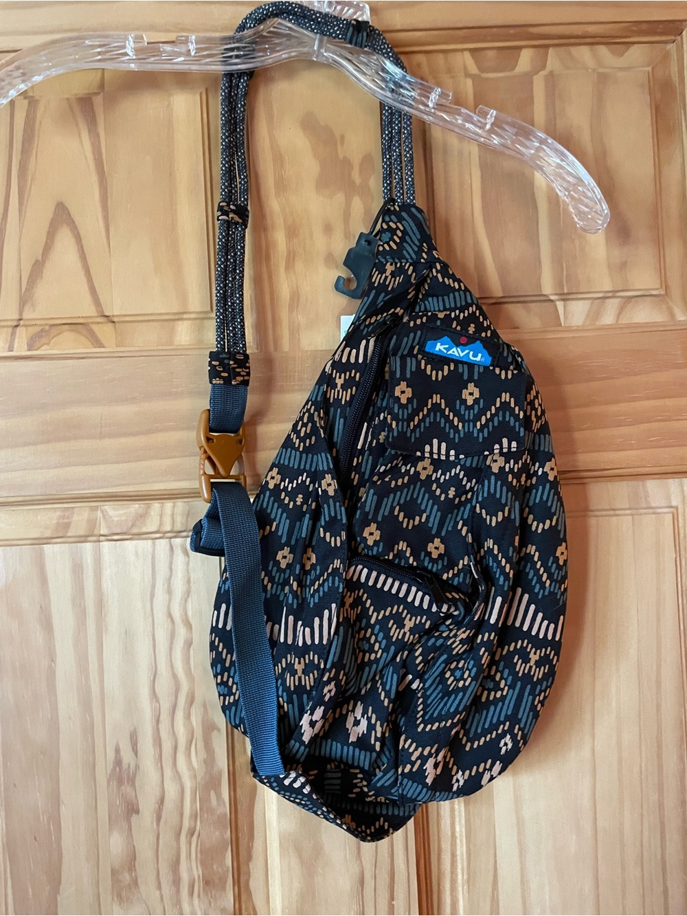 Kavu Black Teal Tan Patterned Satchel Sling Bag